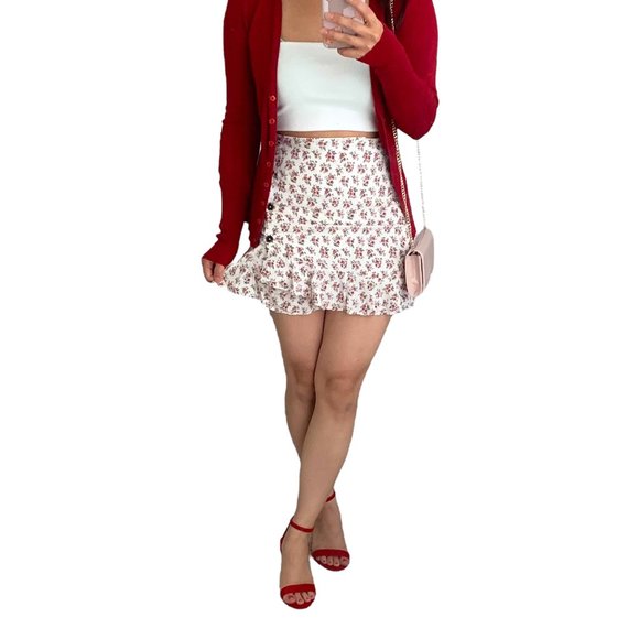 White Floral Ruffle Mini Skirt with Red Flowers High Waist Hollister Small - Picture 1 of 11